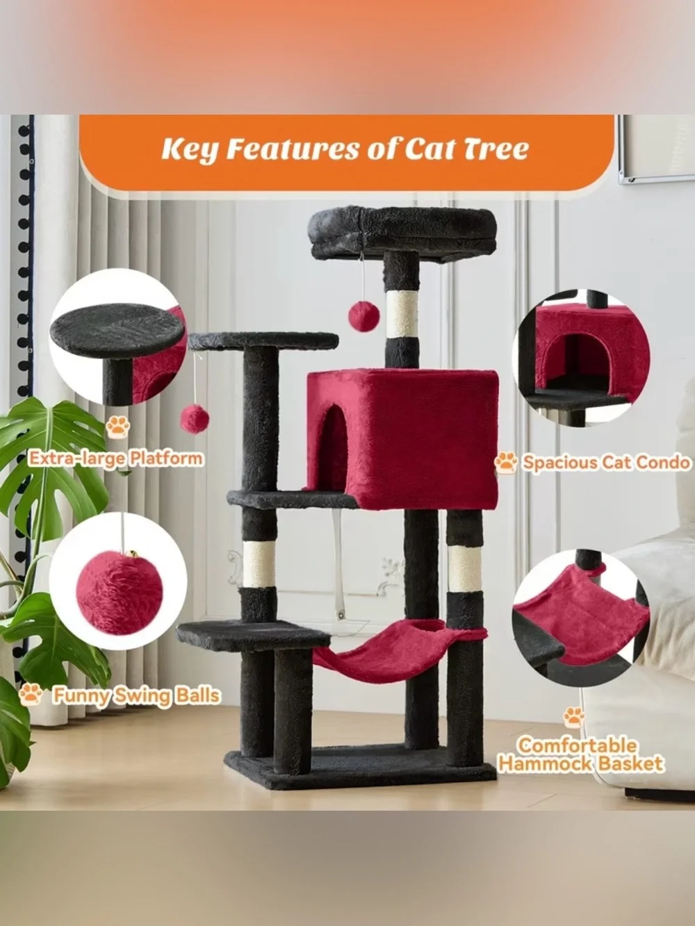 Brand New Plush Multi-Level Cat Tree with Red Hideaway and Black Perches